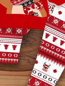 SHEIN Happikins Baby Girl Cute & Funny Christmas Reindeer, Fair Isle Pattern, Christmas Red, Festive, Soft Thick Crew Neck Long Sleeve Sweatshirt And Leggings Set, Suitable For Autumn/Winter Christmas Baby Girl Christmas Outfits Baby Girl Christmas Pajama Toddler Christmas Pajamas Toddler Long Sleeve Christmas Outfit Toddler Girl Christmas Outfit - Multicolor - View 5