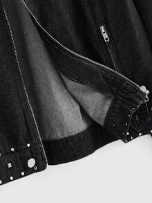 ROMWE MEN Street Life Men's Street Fashion Rivet Zipper Denim Jacket - Black - View 10
