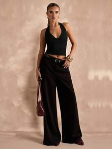 SHEIN BAE 女士性感纯色露背吊带上衣，夏季 - 黑色 - 查看 8