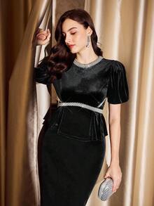 Vintamour Vintage elegante Damen Bluse mit Samt-Patchwork, Perlen, Pailletten, Laternärmeln, Rüschensaum, für Arbeit, Urlaub, Party, Halloween-Kostüm, Weihnachtsfeier, elegante Damen Blusen - Schwarz - Übersicht 5
