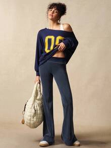 VARSIVA 女式露肩宽松长袖休闲百搭数字图案运动衫 - 藏蓝色 - 查看 4