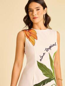 CAJUNI Women's Apricot Base Coconut Tree, Parrot And Tropical Fruit Print, Round Neck Sleeveless Fitted Ruched Print Summer Vacation Beach Mini Dress, Tropical Dress, Graphic Dress, Parrot Dress, Banana Leaf Dress, Summer Dress