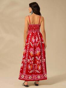 CAJUNI 女士度假细肩带露背 Selenipedium 和杜鹃花印花吊带背心休闲夏装，优雅大方 - 紅色 - 查看 2