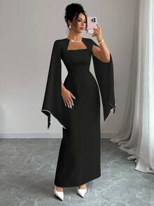 Elenzga Váy suông thẳng cổ vuông thanh lịch dành cho nữ, thắt eo, đính chuỗi ngọc trai ở cổ tay áo, thích hợp cho đám cưới, tiệc tùng, lễ hội âm nhạc - màu đen - Xem 6