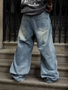 ROMWE MEN Street Life Men's Casual Washed Distressed Star Rhinestone Ripped Wide Leg Jeans - Dark Wash - View 2