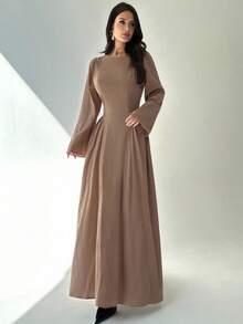 Firerie Váy cotton nguyên chất màu nâu, dáng chữ A, cổ thuyền, eo thắt, tay loe, đơn giản, phong cách đường phố, thời trang thu đông dành cho nữ - màu nâu - Xem 3