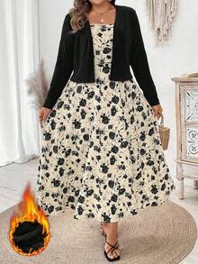 Franclia 大码女式纯色长袖开衫夹克和花卉印花吊带背心连衣裙优雅套装，秋季 - 彩色 - 查看 8