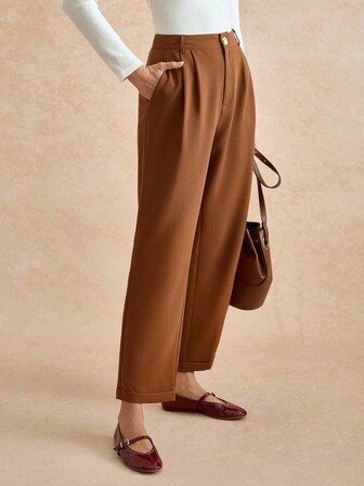 Écloséra 女式纯色褶边下摆口袋法式休闲西装裤