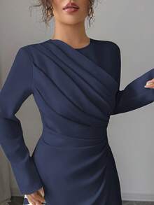 SHEIN Elenzya 女士优雅正式办公室通勤休闲度假派对复古教师秋季中东风格纯色圆领腰部褶皱 A 字长袖超长连衣裙，浅黄色 - 藏蓝色 - 查看 7