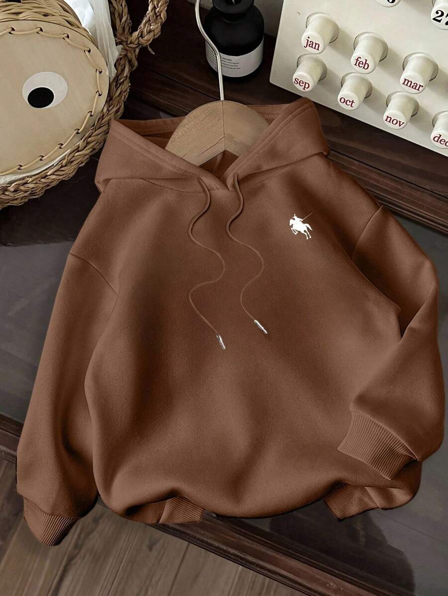 SHEIN EZwear 女士休闲简约牛仔印花宽松加厚卫衣，适合秋冬季、返校季和机场穿着。 - 咖啡棕 - 查看 1