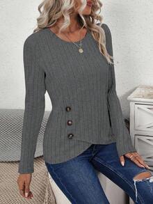 EMERY ROSE Women's Solid Color Round Neck Long Sleeve Button Design Ribbed Casual T-Shirt - Grey - View 3
