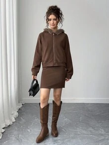 2 件套青少年女孩毛衣连帽夹克和紧身迷你裙套装，秋季时尚套装 - 灰色 - 查看 5