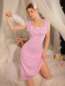 精致魅力优雅蕾丝拼布长裙，成熟柔和的粉色女士睡袍 - 粉色 - 查看 1