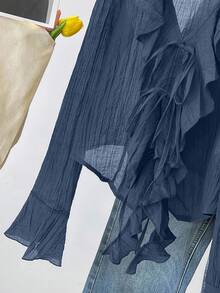 INAWLY French V-Neck Pleated Ruffle Tie Blouse - Navy Blue - View 7