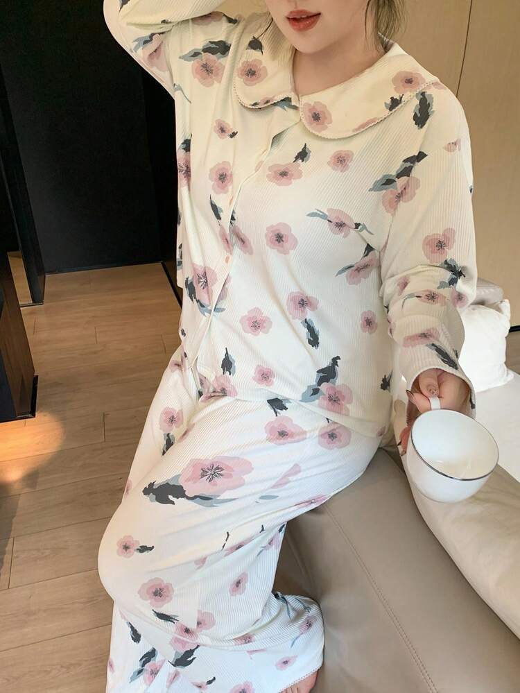 Dazy Plus 2pcs Plus Size Women Floral Print Pajama Set With Peter Pan Collar Top And Pants, Fall Clothes