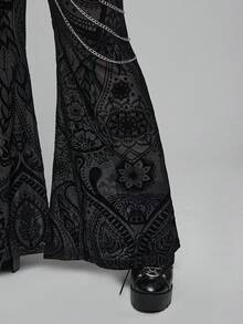 ROMWE EDITION Plus Size Women Gothic Style Flocked & Mesh Patchwork Metal Chain Decor Flare Pants - Black - View 3