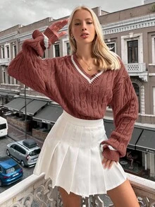EURMUSE Plus Striped Trim Cable Knit Drop Shoulder Sweater, For Winter - Pink - View 3