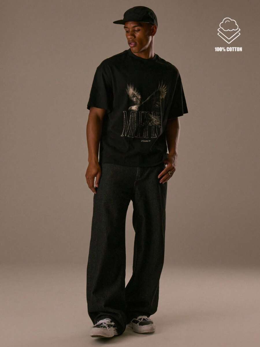 Musero 宽松牛仔裤 3D 刺绣帆布贴布 秋冬 - 黑色 - 查看 1