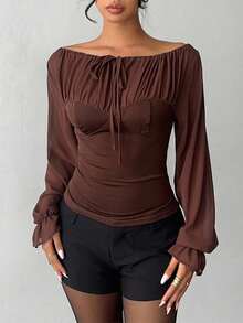 Aloruh Blouse de bureau en mousseline de soie plissée et bicolore avec nœud, couleur café - Marron - Voir 4