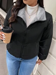 SHEIN Frenchy Plus Size Women Winter Fashion Versatile Fleece Jacket - Black - View 2