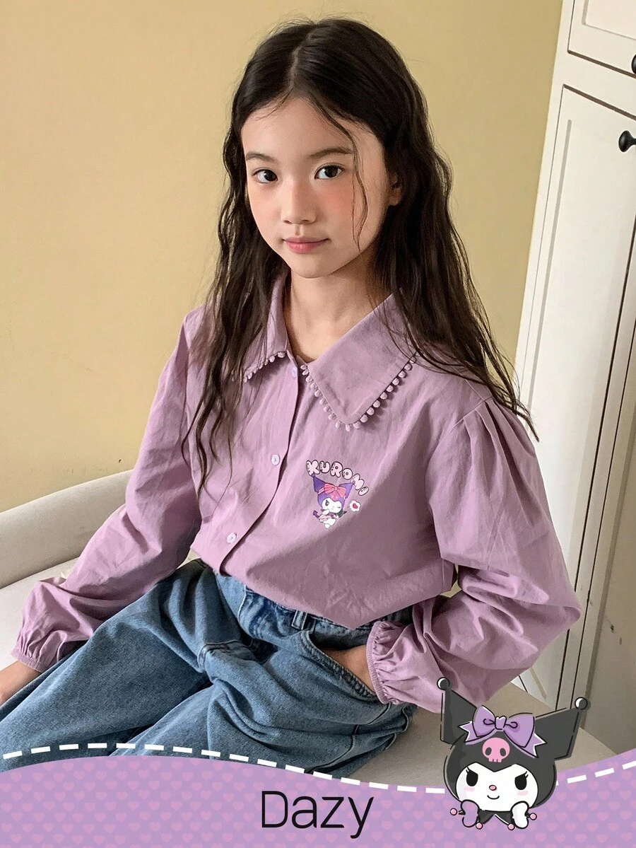 DAZY HELLO KITTY AND FRIENDS | SHEIN 青少年女孩撞色蕾丝花边领灯笼长袖衬衫，秋季 - 紫色 - 查看 1