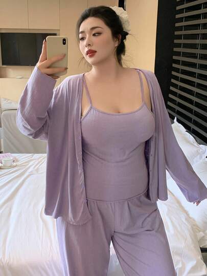 Dazy Plus 3 件套加大码女士睡衣套装，包括吊带背心、外套和裤子，淡紫色，春秋装，秋季服装，舒适装扮