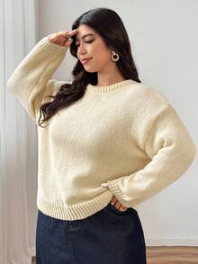 Dazy Plus Plus Size Women Solid Color Crew Neck Loose Fit Pullover Sweater, Fashion & Versatile, Autumn - Apricot - View 3