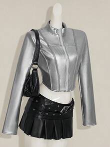 SHEIN ICON 女式银色休闲短款拉链修身 PU 皮夹克，秋季 - 銀色 - 查看 7