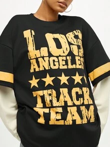 SUMWON WOMEN 大学双层洛杉矶田径队都市街头风格 T 恤 22 号星星图案复古设计秋季时尚分层外观 - 黑色 - 查看 6
