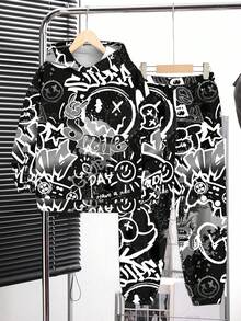 SHEIN 2 件套青少年男孩休闲卡通字母图案印花长袖连帽衫套装，秋冬舒适 - 彩色 - 查看 2