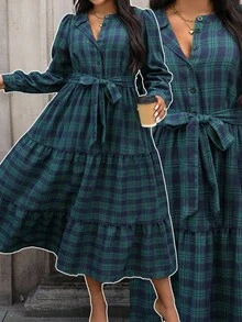 SHEIN 复古花卉格子圆领泡泡袖大码女装连衣裙，女式秋季服装，新年服装，圣诞连衣裙 - 彩色 - 查看 6