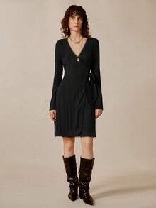 Chiquease Women's Solid Color V-Neck Long Sleeve Wrap Tie Casual Mini Dress - Black - View 3
