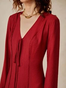 Florisole 女式 V 领前系带长袖连衣裙 - 紅色 - 查看 4