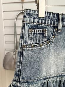 Elamini 女式拼布刺绣荷叶边下摆时尚牛仔迷你裙 - 藍色 - 查看 4