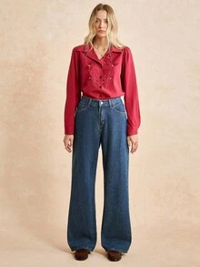 Écloséra Women's Pocketed Wide Leg Loose Casual Versatile Denim Pants Y2k - Dark Wash - View 7