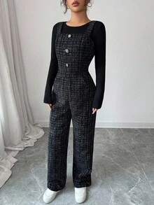 Elenzga Damen Lässige Latzhose mit quadratischem Kragen, ärmelos, dickes Karomuster, Knopfverschluss vorne, gerade Beine, geeignet für Halloween, Weihnachten, Neujahr, Thanksgiving, Arbeit, Abschlusszeit - Schwarz - Übersicht 3