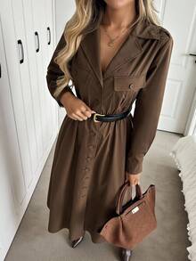 Easowa Collared Double Pocket Pleated Waist A-Line Midi Dress, Button Front Long Sleeve Casual Loose Commuter Vintage Style Dress For Women Brown Dress Women Long Sleeve Dress Brown Button Down Dress Long Brown Dress Chocolate Brown Dress