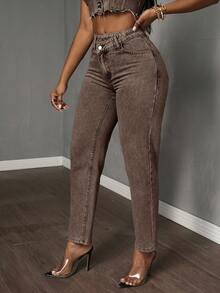 SHEIN Tall CURVE Quần jean ống côn cạp trễ bất đối xứng cho nữ cỡ lớn - Cà phê nâu - Xem 5