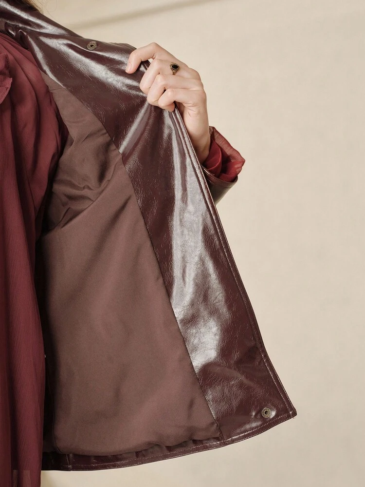 Elegant Burgundy PU Leather Beaded Cape Jacket For Women, Autumn/Winter