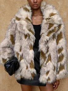 Lumalex VITNOS Women's Faux Fur Leopard Print Coat,White Animal Print,Winter,Elegent,Party Night Fashionable Commuting Contrast Color Jacket, Outerwear - Brown - View 4
