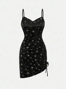 Pitira Teen Girls Black Velvet Draped Neck Ruched Snug Fit Party Dress,Snowflake Star Pattern Sequin Sparkle Camisole Dress,Black And White,Summer,Rave - Black - View 5