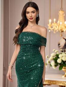 Coutiva 女式正装亮片拼接露肩高开衩长裙（重饰） - 墨綠色 - 查看 3