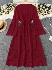 DreamSkyne 大码女式纯色海滩度假浪漫钩针编织网眼抽绳蝴蝶结开衫西部风 - 酒紅色 - 查看 2