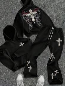 PAVTROS Bộ 2 món áo hoodie và quần ống loe Cross Angel Wings thu/đông dành cho nam - màu đen - Xem 2