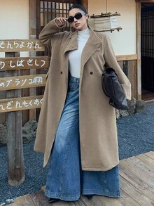 Dazy Plus Thick Woolen Fabric Solid Color Loose Casual Double-Breasted Belt Decor Long Coat, Plus Size Women Autumn/Winter Outerwear