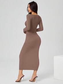 SHEIN PETITE Autumn Wear Solid Color Square Neck Tight Black Long-Sleeved Dress