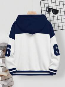 SHEIN Tween Boy Casual Loose Comfortable Baseball Culture Patchwork Pattern, Digit 66 & King Text Graphic Print Long Sleeve Hoodie, Suitable For Autumn/Winter