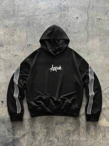 AXEPEAK 男士撞色条纹和字母印花连帽衫和运动裤套装，秋冬装 - 黑色 - 查看 9