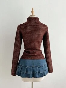 Elamini 女式高领修身长袖毛衣，秋冬时尚 - 咖啡棕 - 查看 2