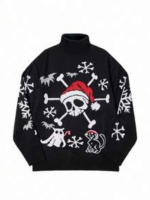 Manfinity Roghcode Men's Casual Skull & Snowflake Pattern Turtleneck Long Sleeve Sweater, Autumn/Winter Christmas - Black - View 6